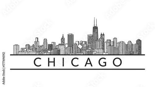 Chicago Skyline: A detailed monochrome illustration of the iconic cityscape, capturing the architectural marvels and urban essence of Chicago. 