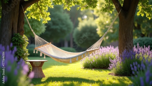 White hammock swaying gently between trees near wicker basket with iced drink on lush green lawn under sunlight, concept of summer relaxation, garden retreat, wellness escape