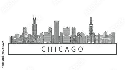 Chicago Skyline: An elegant sketch of the Chicago skyline showcases its iconic buildings. Each skyscraper stands tall. Capturing a blend of artistry and architectural grandeur.