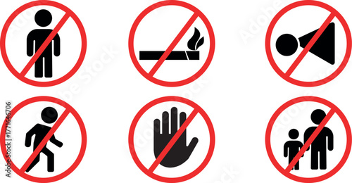 Collection of six prohibition signs showing no entry no smoking no noise no running no touch no children