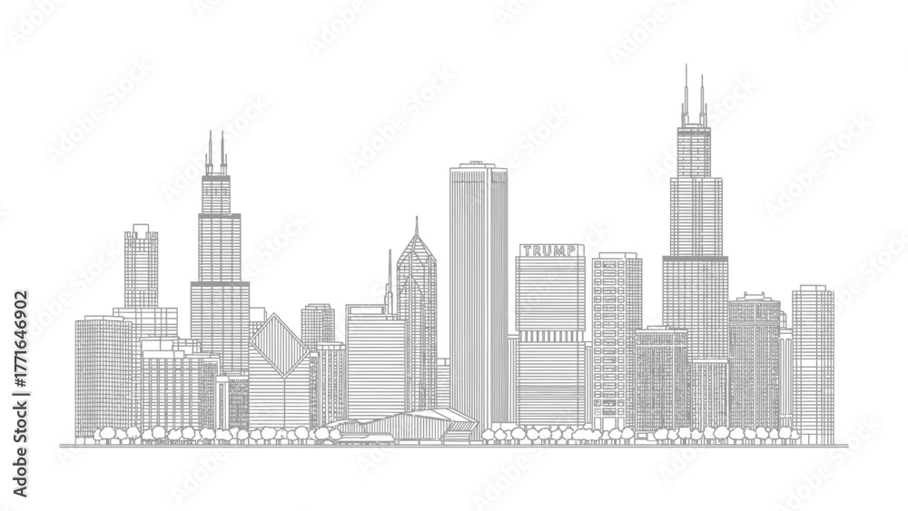 Fototapeta premium Chicago Skyline Silhouette: A clean, minimalist line drawing of Chicago's iconic skyline. Capturing the essence of urban architecture with elegant simplicity.