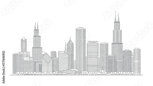 Chicago Skyline Silhouette: A clean, minimalist line drawing of Chicago's iconic skyline. Capturing the essence of urban architecture with elegant simplicity.