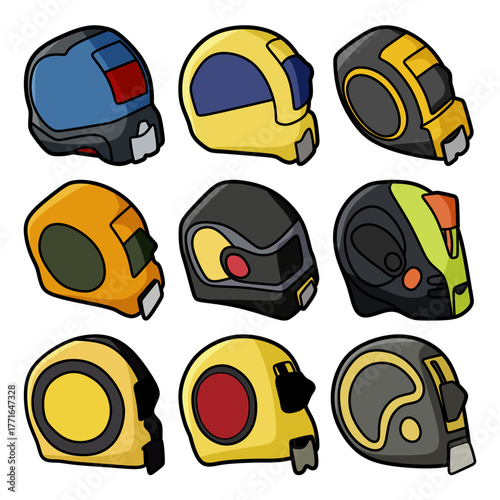 collection of colorful tape measures construction tools