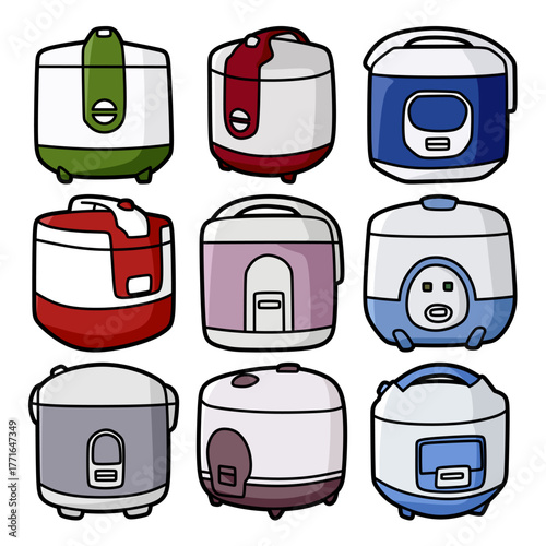 collection of colorful rice cookers kitchen appliances