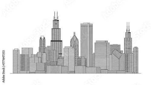 Chicago Cityscape: A monochromatic view of a sprawling cityscape, showcasing a stunning array of architectural feats. The imposing skyscrapers stretch towards the heavens. 