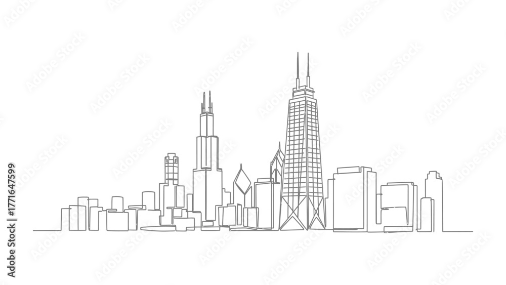 Obraz premium Chicago Skyline in Line Art: A clean and minimalist line art representation of the iconic Chicago skyline, capturing the essence of the city's architecture and urban landscape.