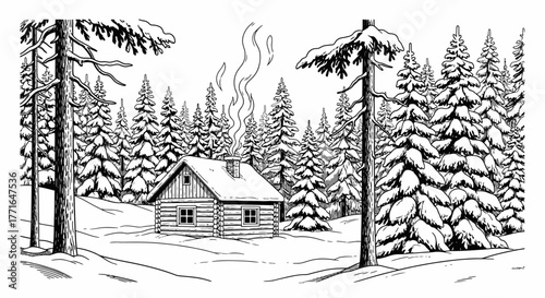 A cozy cabin nestled in a snow-covered forest, smoke rising from chimney.