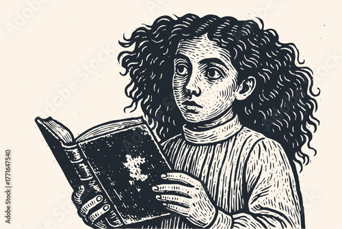 A young girl with curly hair absorbed in reading an old book. Vector illustration in a detailed, vintage woodcut or engraving style. Literary and classic.