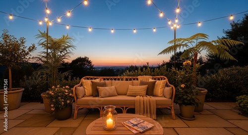 Cozy outdoor living space with string lights and sofa at dusk scenic view