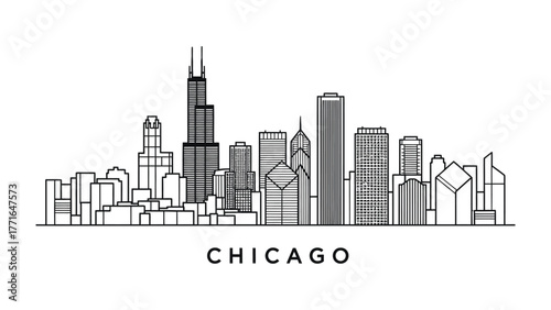 Chicago Skyline Silhouette: A clean and modern depiction of the iconic Chicago skyline, rendered in minimalist black and white, highlighting its distinctive architectural elements. 