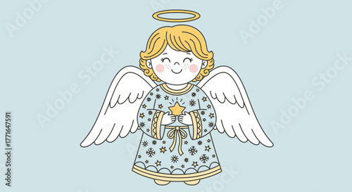 A smiling cartoon angel with blonde hair and wings holding a golden star.
