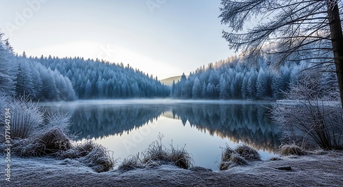 Winters Embrace - A Serene Lake Reflecting Frost-Kissed Trees.