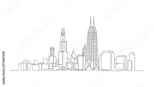 Chicago Skyline in Line Art: A clean and minimalist line art representation of the iconic Chicago skyline, capturing the essence of the city's architecture and urban landscape.