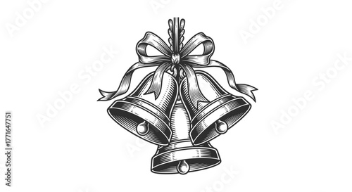 Three detailed bells tied together with a decorative ribbon bow, in grayscale.