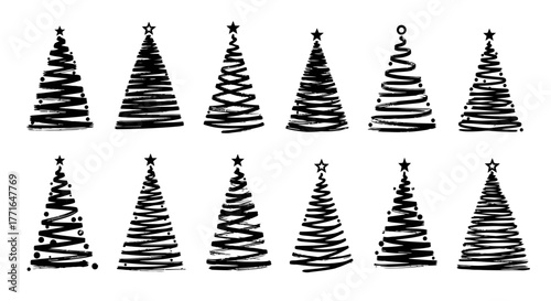 A collection of stylized black and white Christmas trees with star toppers.