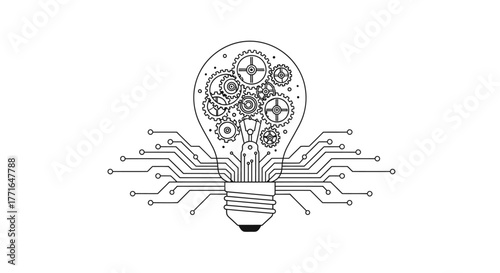 Lightbulb filled with gears and cogs, connected to a circuit board, symbolizing innovation and technology.