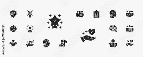A collection of core values icons suitable for web and mobile application. Set of glyph style icons with integrity, innovation, teamwork, excellence, and more icons.