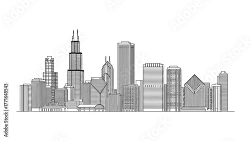 Architectural Symphony: A meticulously crafted illustration presents a striking cityscape, featuring a cluster of modern buildings, skyscrapers, and structural designs, symbolizing urban expansion.