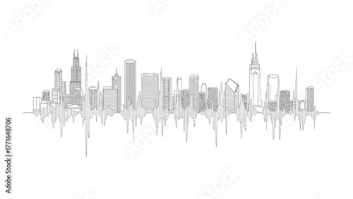 Urban Symphony: A striking illustration of a city skyline gracefully incorporates the rhythmic patterns of an audio waveform, transforming the urban landscape into a dynamic visual experience.