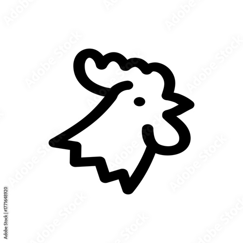 Black and white outline drawing of a rooster head profile with a comb and wattle design element