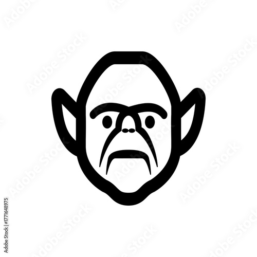 Illustration of a stylized face with large ears prominent eyebrows and a thick mustache in black outline