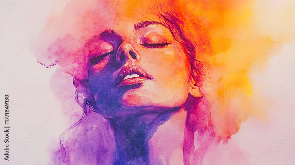 Fototapeta premium Dreamy watercolor portrait of a woman with vibrant colors blending seamlessly, creating a captivating and ethereal mood