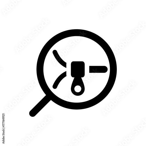 Illustration of a magnifying glass examining a faucet with water droplets, presented in black and white style