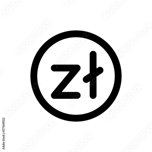 Black stylized "z" and plus sign inside of a circle outline on a white background in a simple graphic design
