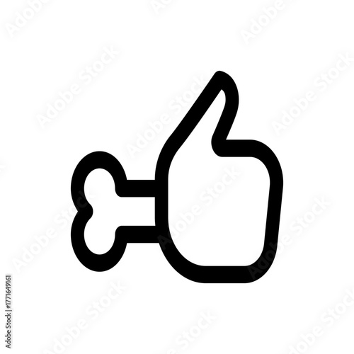 A stylized black and white illustration of a thumbs up symbol connected to a bone shape outline