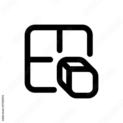 Illustration of a layout grid icon with rounded edges and a cube element in the lower right corner