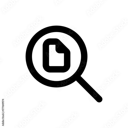 A magnifying glass icon with a document inside the lens for searching or finding information online icon