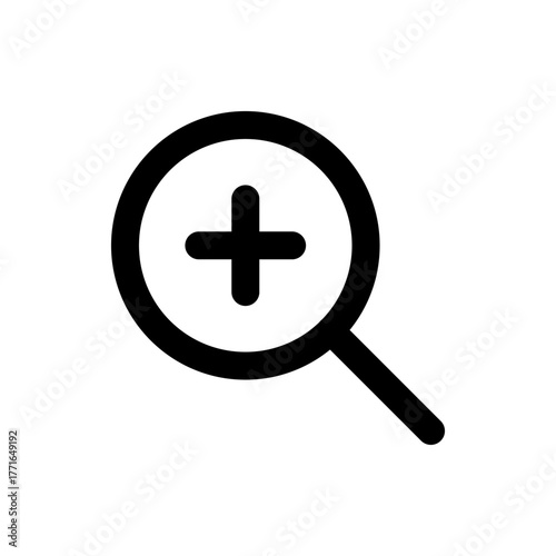 Illustration of a black magnifying glass with a plus sign inside the lens on a white background view icon