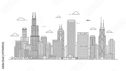 Chicago Skyline: An elegant monochrome line drawing depicts the iconic skyline of a major city, showcasing the architectural wonders and urban development.