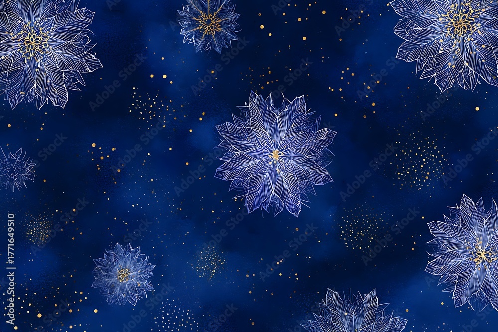Fototapeta premium A beautiful winter background with white snowflakes and golden sparkles on dark blue