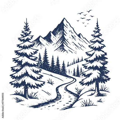 Vintage engraving vector of winter mountain landscape with pine forest and winding trail, perfect for adventure, travel, or outdoor mockup design.