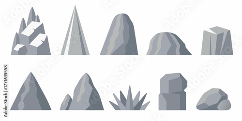 Papier peint Collection of diverse grey rock formations and geological elements in a flat vec