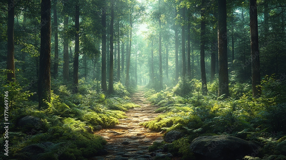 Fototapeta premium Sunbeam forest path through dense greenery, gravel trail with light rays in serene mystical woodland.