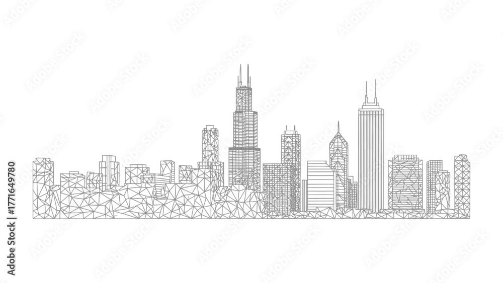 Naklejka premium City Skyline Silhouette: A clean, minimalist line drawing captures the essence of a modern city skyline.