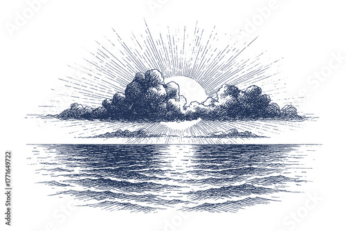 Hand-drawn ocean horizon vector with vintage engraving style, depicting sunrise or sunset over calm sea, ideal for nature prints or mockup design.