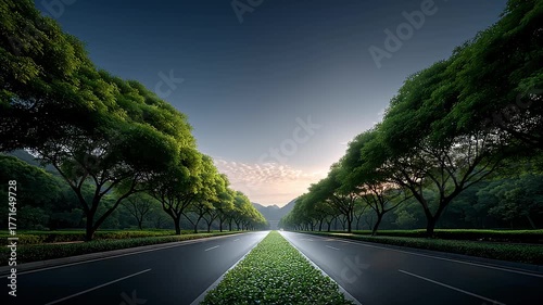 Green Avenue Lined with Trees Leading into the Distance