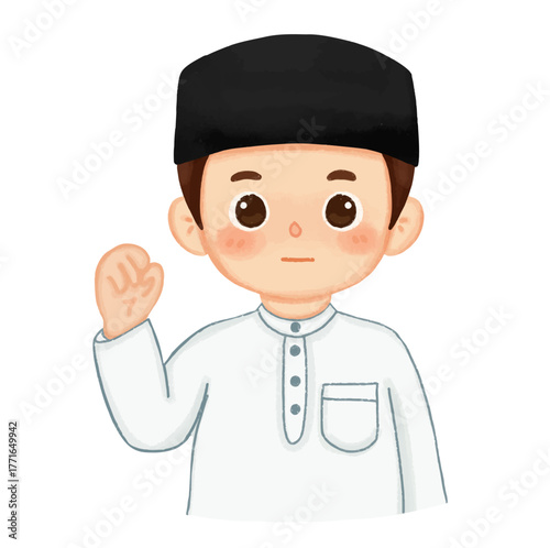 Cute watercolor illustration of a cheerful young Muslim boy in traditional attire, making a fist gesture, symbolizing strength and hope for Islamic celebrations and cultural events