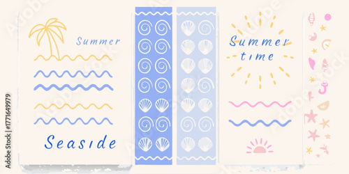 Charming hand drawn summer seaside elements with palm tree waves shells and sun graphics