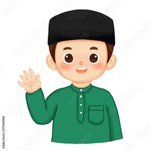 Cute Muslim boy in green attire and black cap waving hello with a friendly smile