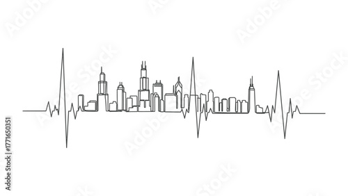 City Pulse: A minimalist artistic representation intertwines the iconic city skyline with a heartbeat line, symbolizing the vibrant energy and rhythm of urban life. 