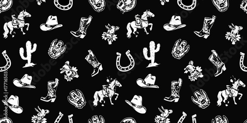 Whimsical western cowboy pattern with horses hats boots cacti and horseshoes on black background