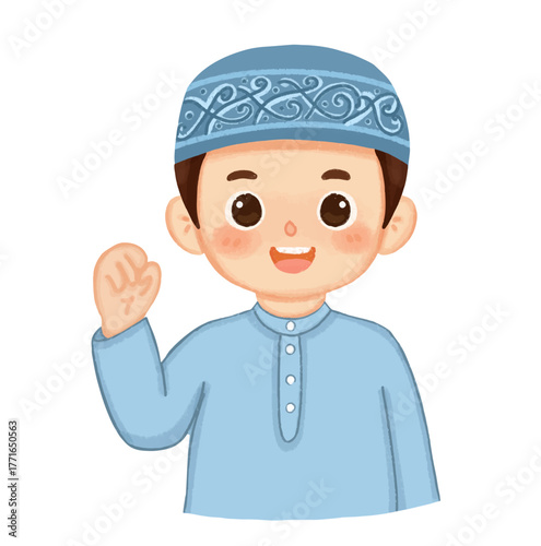 Cartoon Illustration of a Smiling Muslim Boy with a Prayer Cap and Outstretched Hand