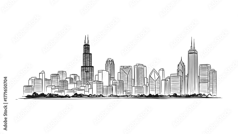 Obraz premium Urban Silhouette: An artistic sketch of a city skyline, capturing the architectural diversity and dynamic energy of an urban landscape.