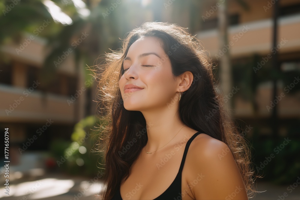 Fototapeta premium Young hispanic woman enjoying sunlight outdoors in tropical setting