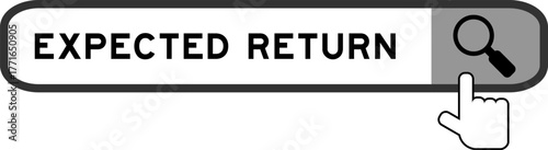 Search banner in word expected return with hand over magnifier icon on white background