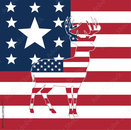 Patriotic American flag design with a deer silhouette overlay. A unique blend of national pride and wildlife love, perfect for hunters & outdoor patriots.